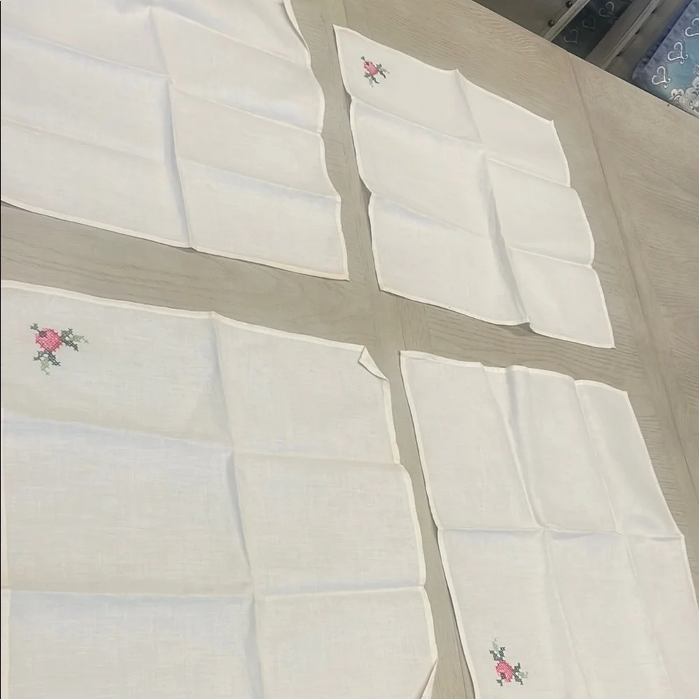 Embroidered White Linen Napkins cross stitch rose